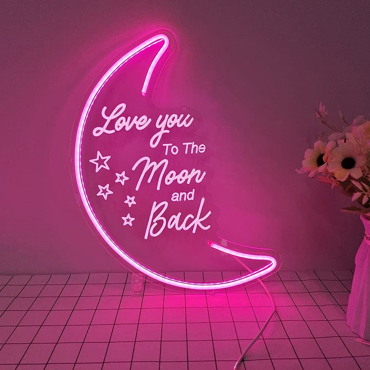 Britrio LED Moon Neon Light Sign, 15.75”x9.45” Pink To the Moon And Back Neon