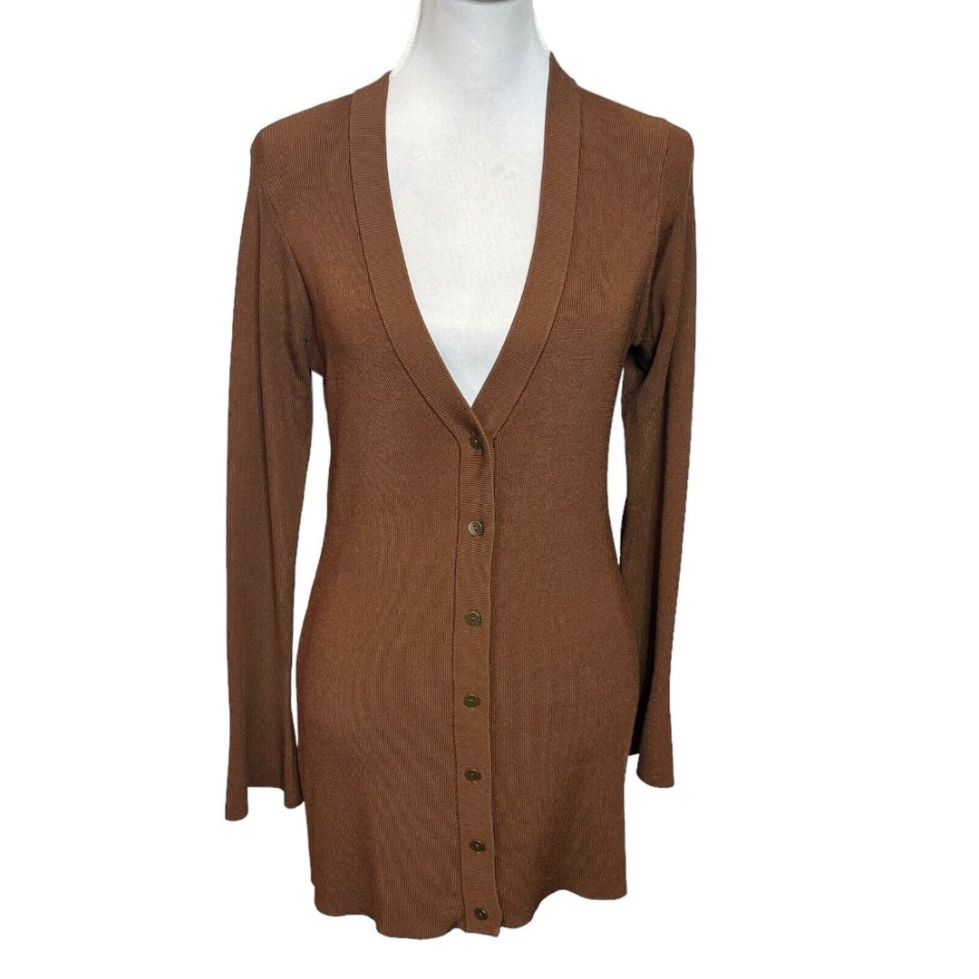 L’AGENCE Lucas Long Cardigan Rib Knit Brown Nylon Stretch Bell Sleeves Womens S