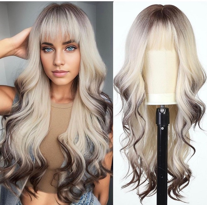 Human hair blend brown blonde ombré layered wig with bang.24 inch chestnut brown