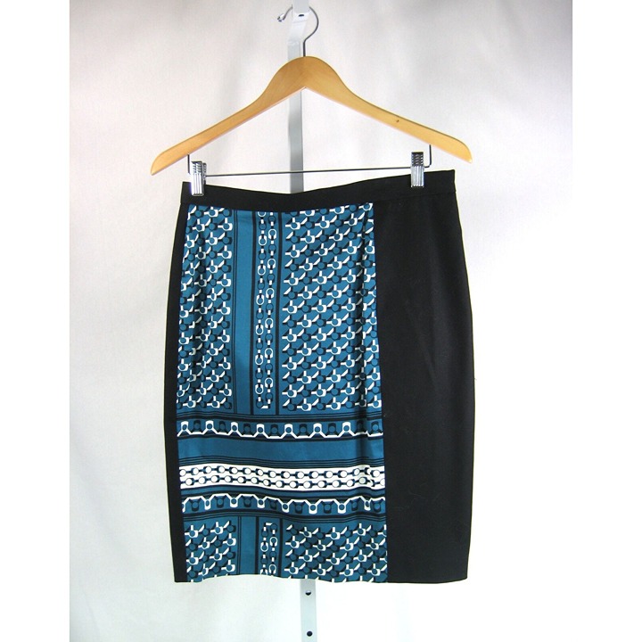 DEREK LAM Black & Teal Print Straight Skirt Size 10