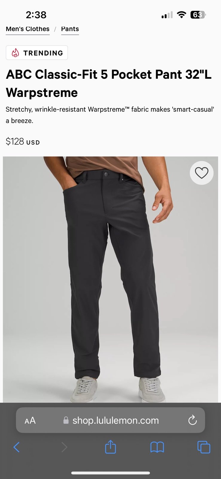 Lululemon ABC Classic Fit 5 Pocket Warpstreme Trouser Pant Men's 31x32 Gray