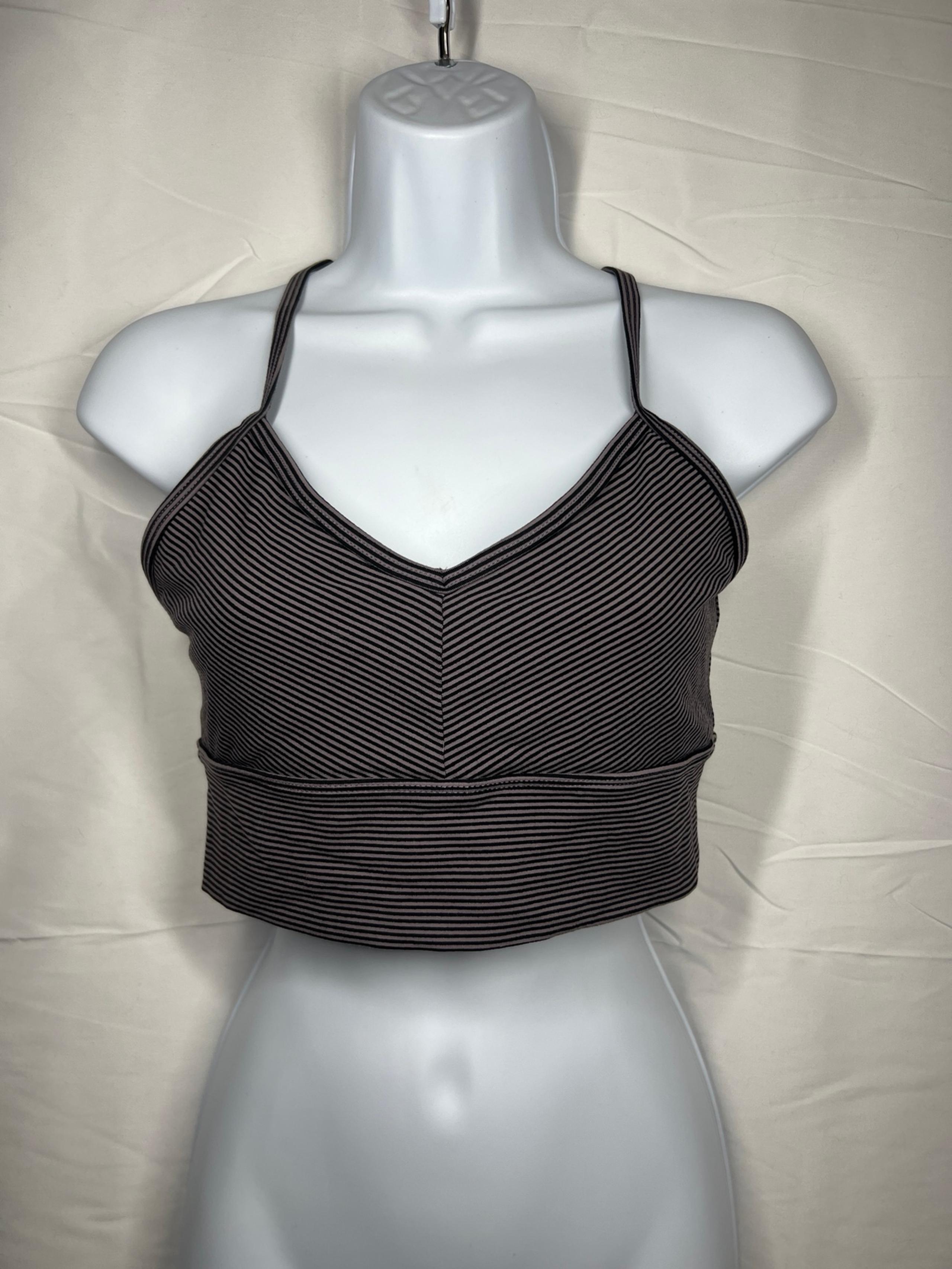 Glyder Premier Long Line Cami Sports Bra Bralette Gray Black Striped V-neck M