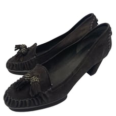 Stuart Weitzman Brown Suede 3” Heel Loafer tassels size 10 Made in Brazil