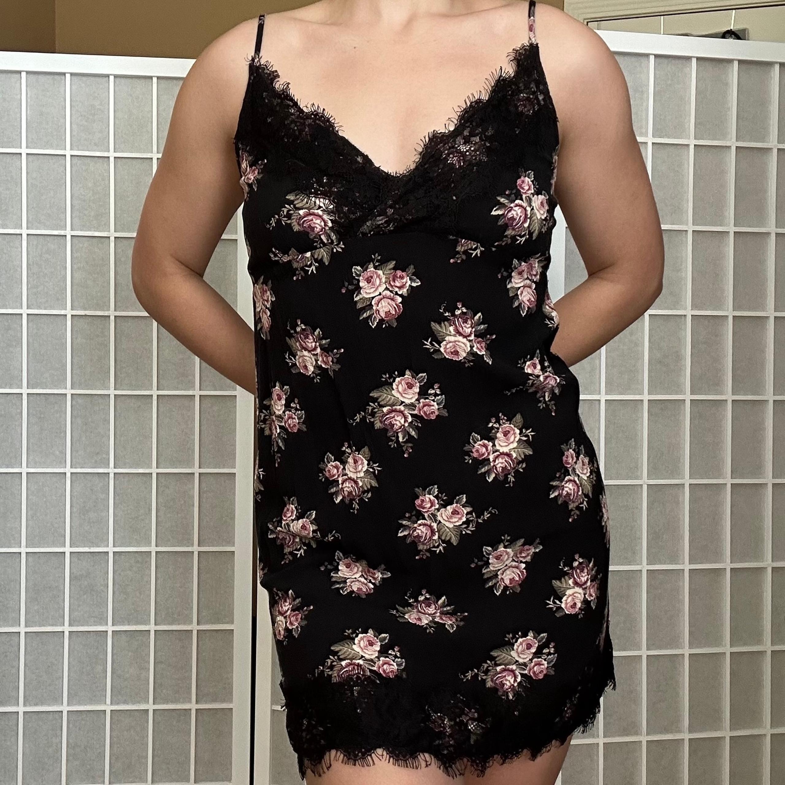 American Eagle Black Floral Lace Trim Slip Dress