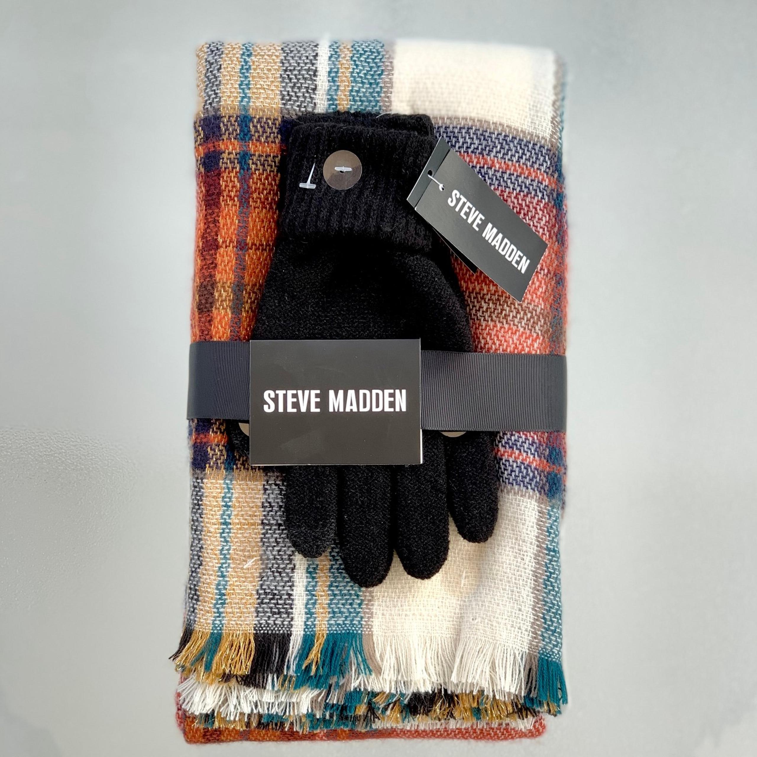 Steve Madden Black Touchscreen Gloves and Red Plaid Blanket Scarf Gift Set