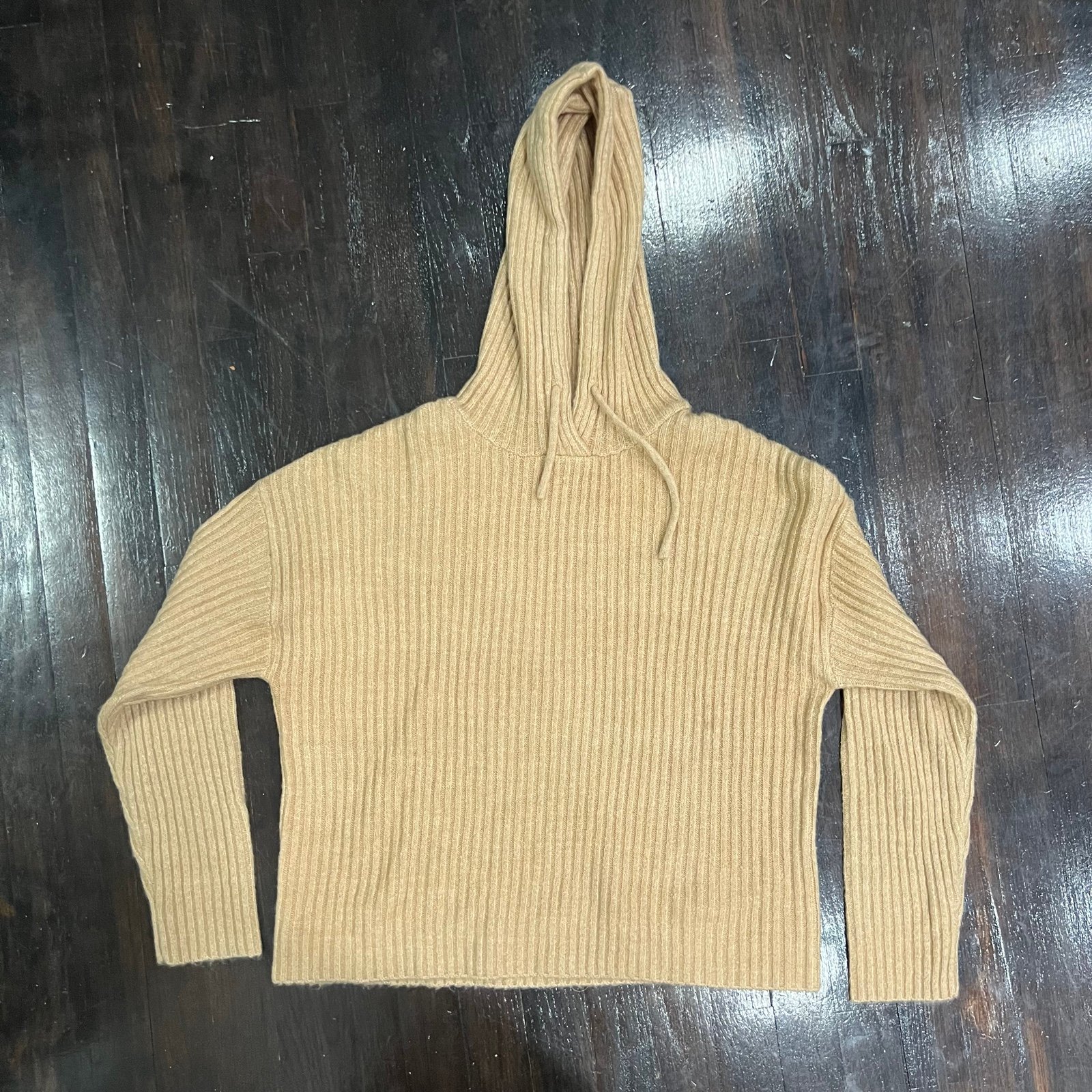 Hoodie Cotton Emporium Hooded Tan Ribbed Drawstring Sweater size large