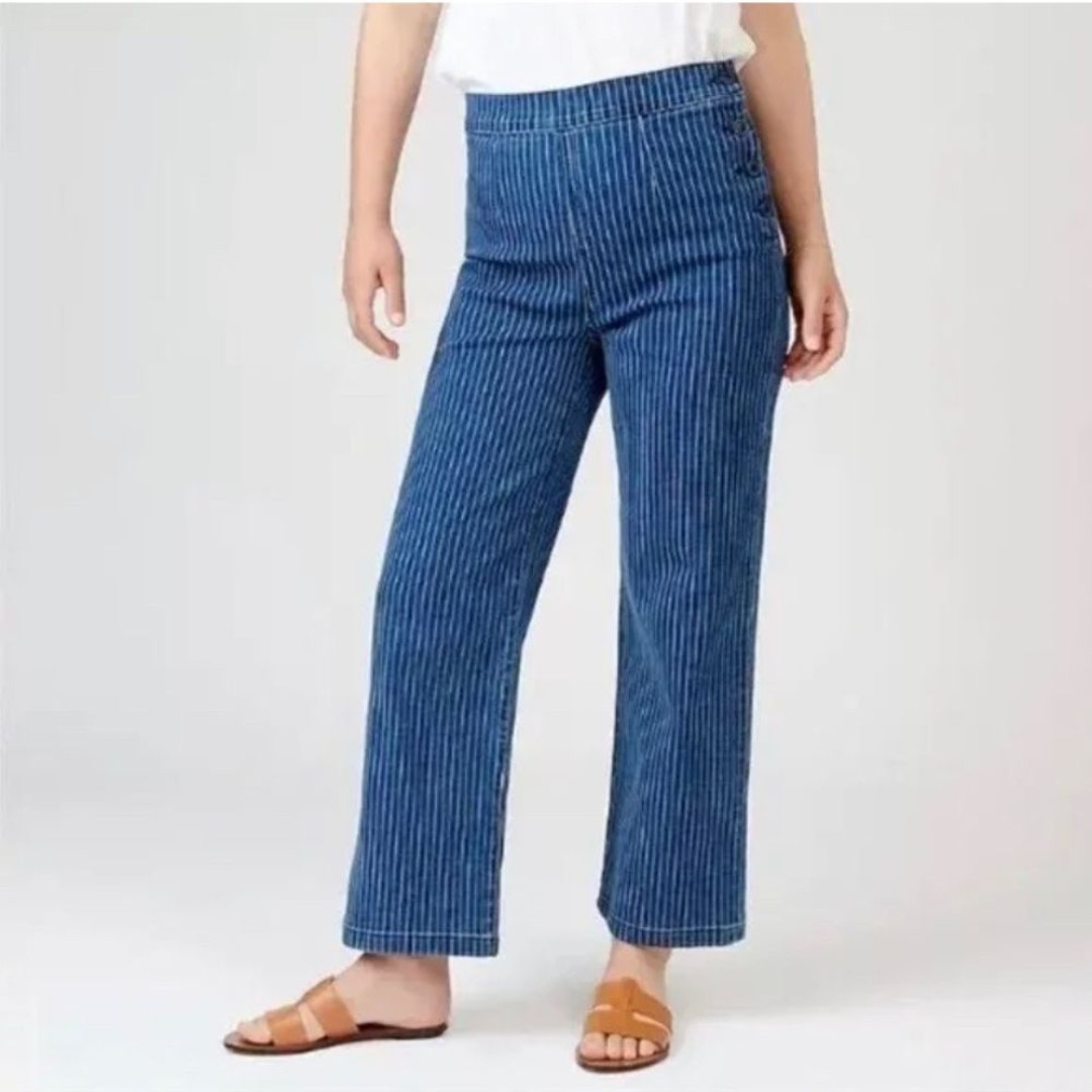 J Crew Womens High Rise Blue Striped Side Buttons Slim Wide Leg Jeans Size 32