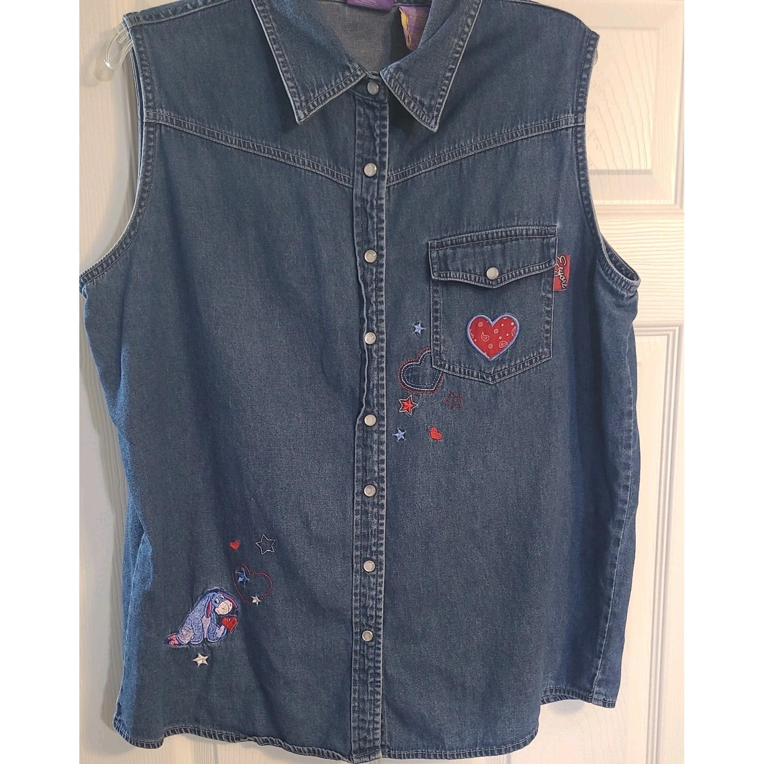 Vintage Disney Vest Womens 14W/16W Jerry Leigh Eeyore Denim Pearl Snap jean