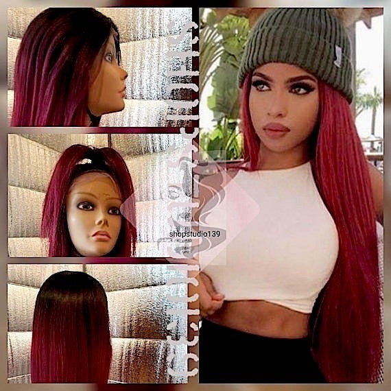 Human Hair straight lacefront wig wine