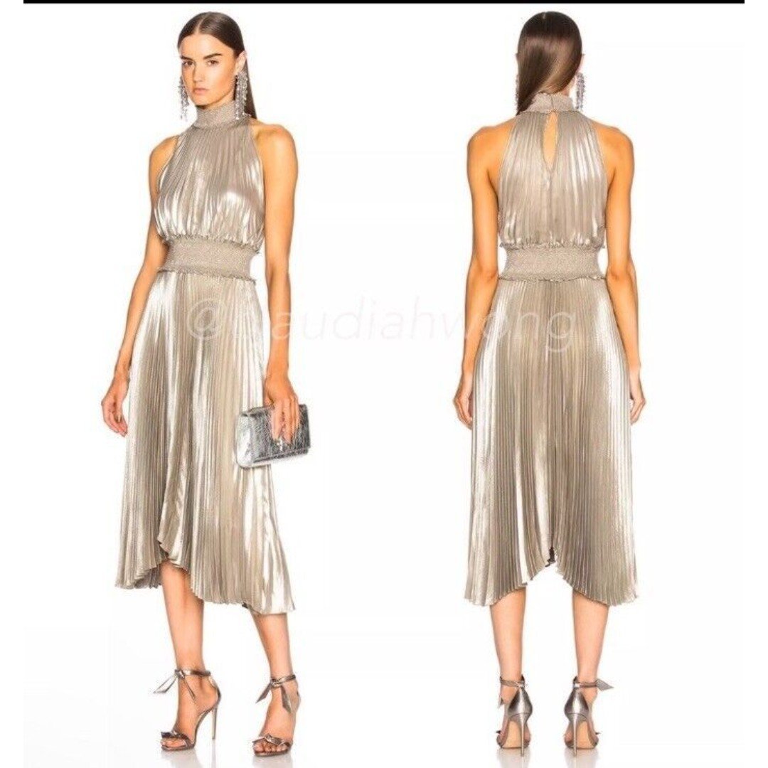 A.L.C. Renzo Pleated Metallic Halter Cocktail Dress in Antique Gold Size 2