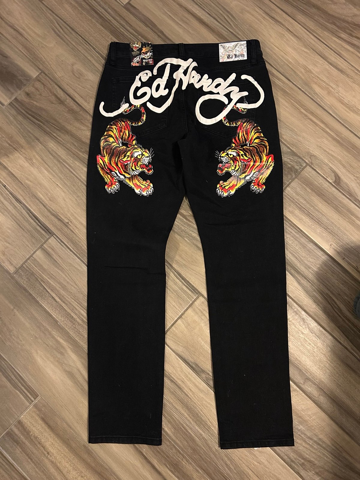 Y2K BOHO ED HARDY BLACK SPELLOUT/TIGER PRINT SLIM FIT JEANS SIZE 34 NEW WITH TAG
