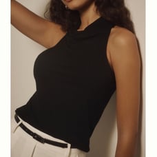 Anthropologie Halter Cowl-Neck Tank Top Ribbed in Black Size L