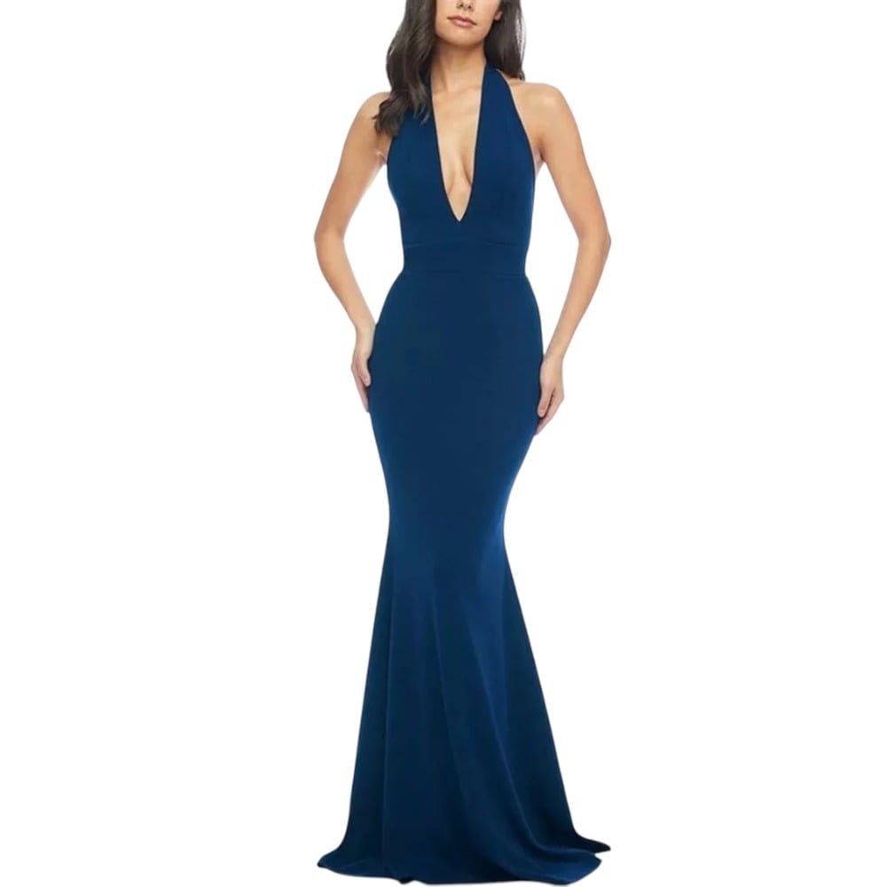 Dress the Population Camden Deep Plunge Neckline Halter Bodycon Maxi Dress Sz L