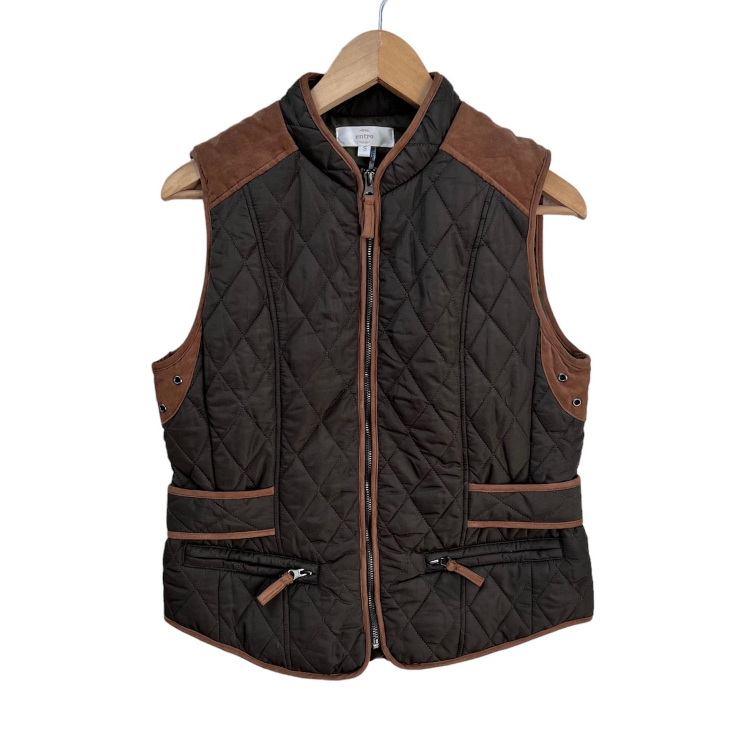 Entro Vest Women's Sm. Brown Quilted Zip Faux Suede Trim Fall Utility Equestrian