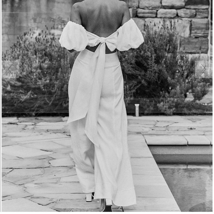 Dissh Linen Set Wide Leg Pants Puff Sleeve Crop Top Bow Size 2 (050)