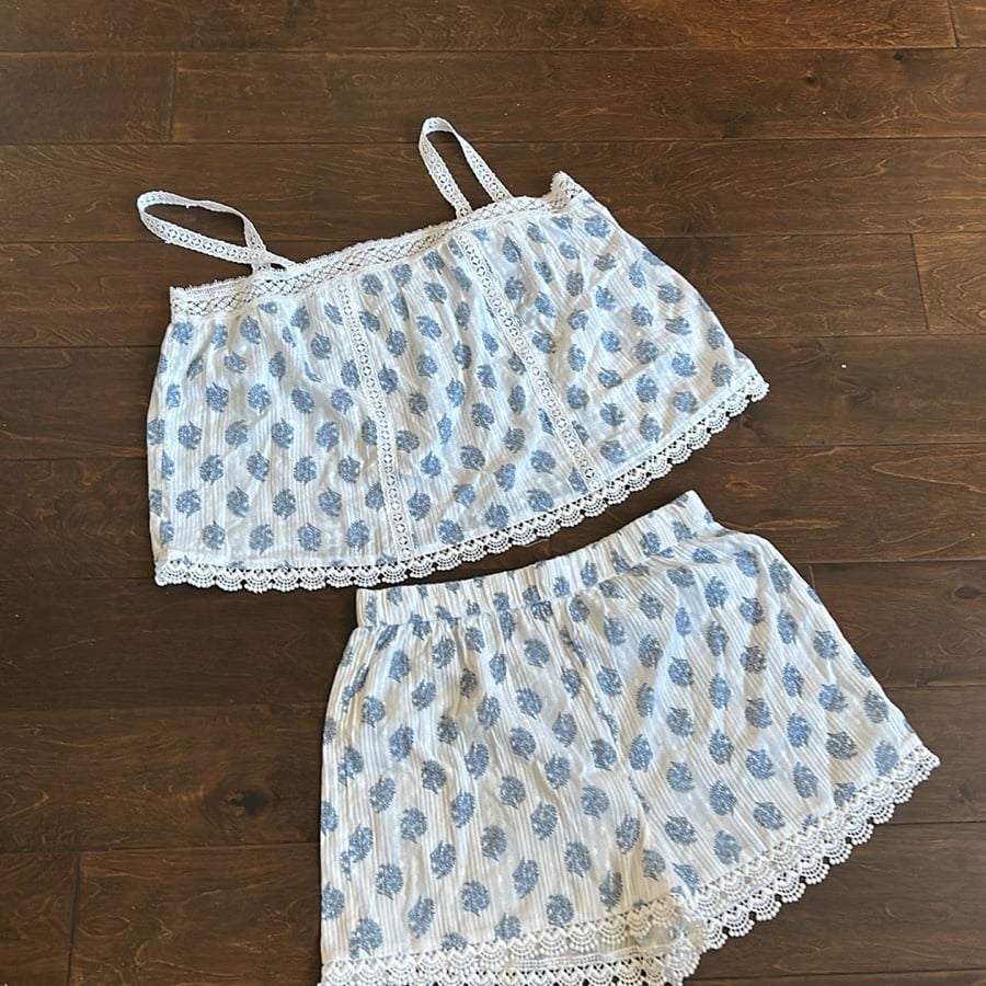 Rachel Zoe Womens 2 Pc Pajama Set Floral Cotton Lace Blue New Top Shorts Sz M