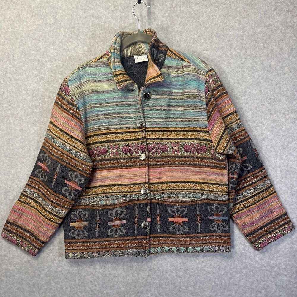 Vintage More by Lata Women Tapestry Jacket L Boho Aztec Southwestern Woven Multi