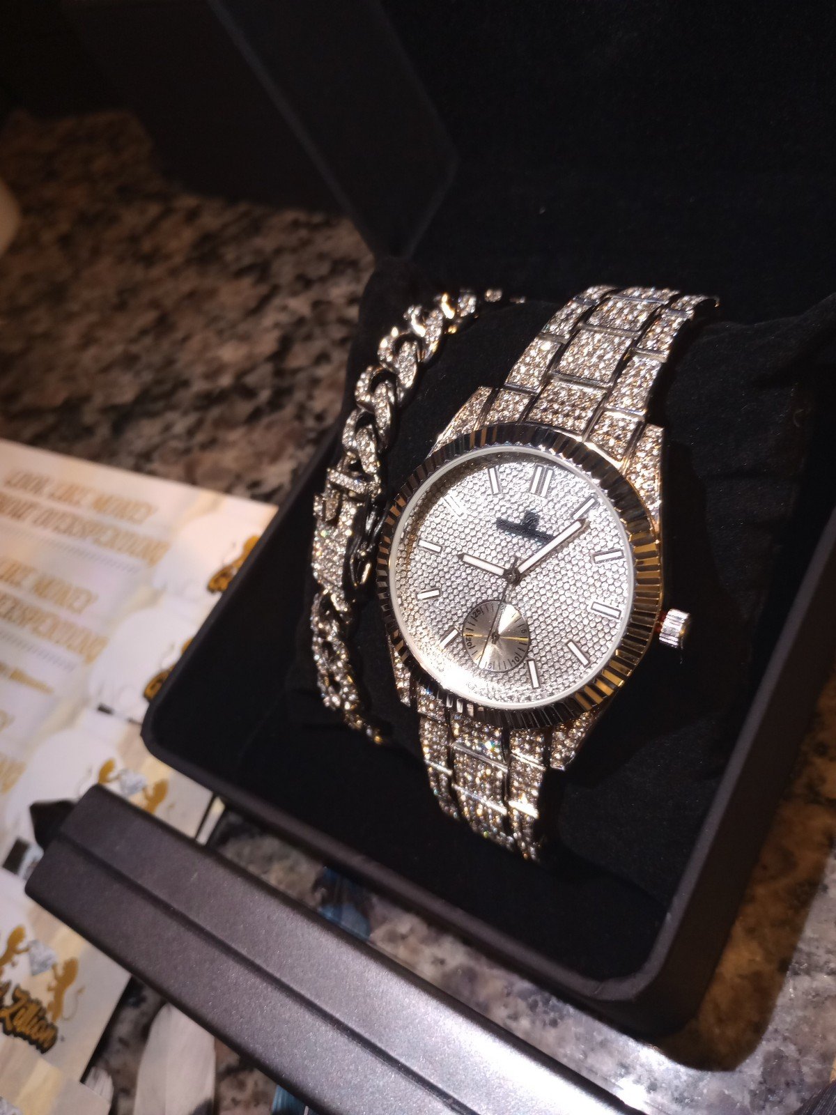 Used 1 bracelet and watch set- Real Lab Diamonds & 4x's Gold Plated Waterproof,