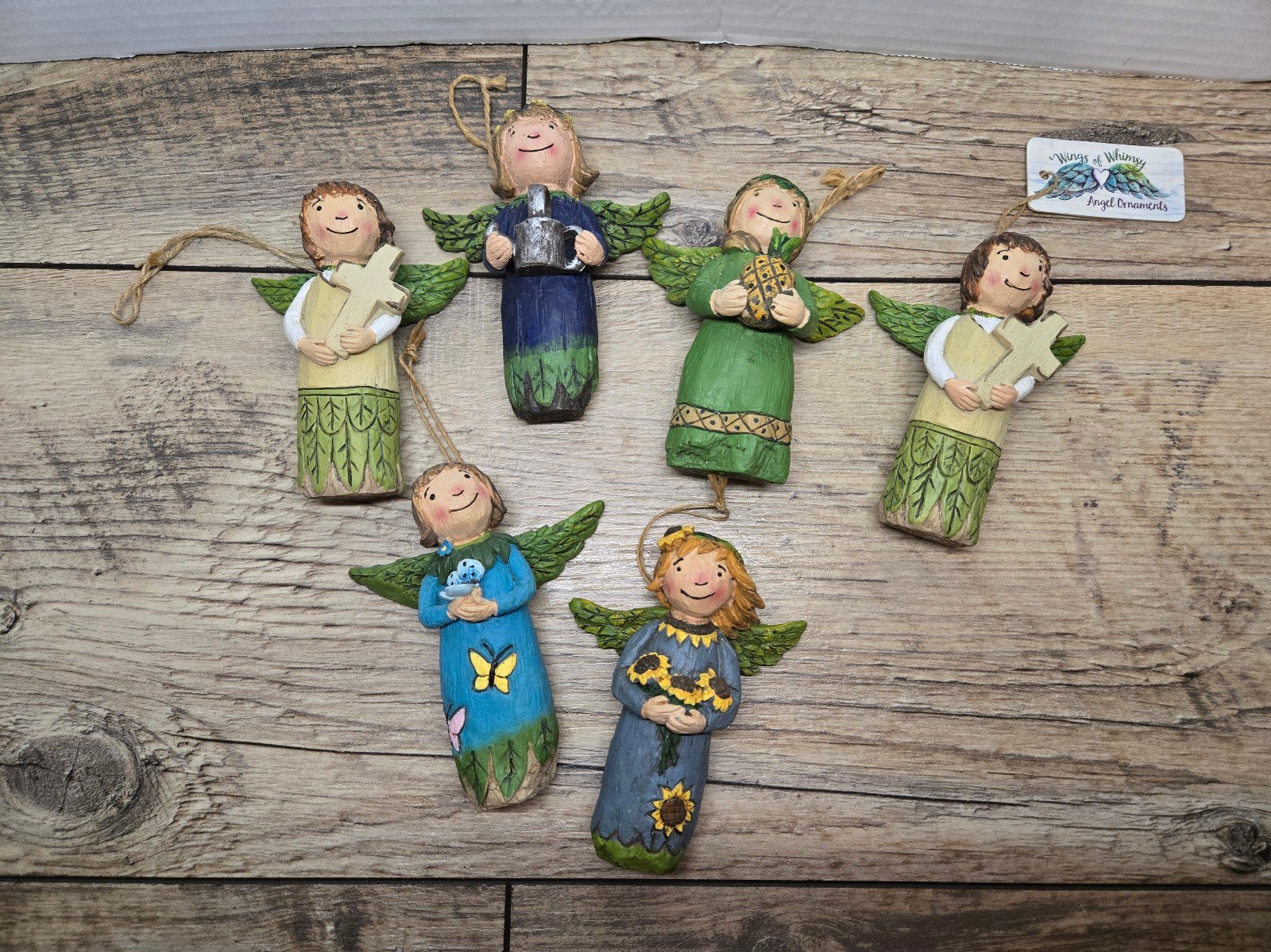 Lot of 6 Studio M Wings of Whimsy Hand Carved Spring Time Angel Ornaments