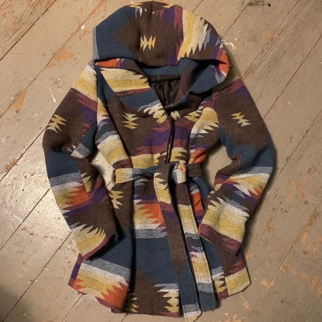Vintage Tribal Coat Jacket 90s Y2K Paris Blues Large Wool Hooded Belted Tied