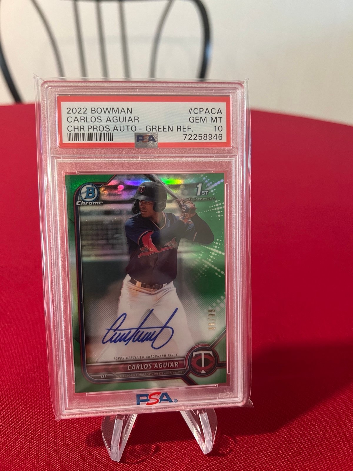 2022 Bowman Chrome CARLOS AGUIAR 1st Rookie RC Green Refractor Auto /99 PSA 10