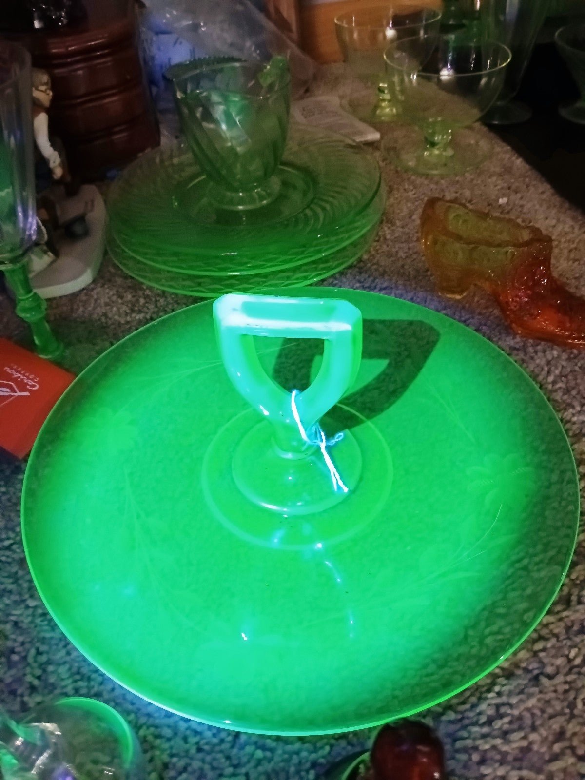 Vintage green Uranium glass serving plater with handle, thick glass