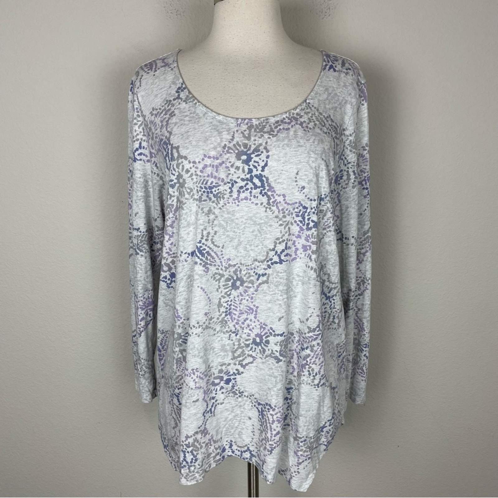 J Jill Pure Jill Light Gray Blue Purple Floral Long Sleeve T Shirt Top Large