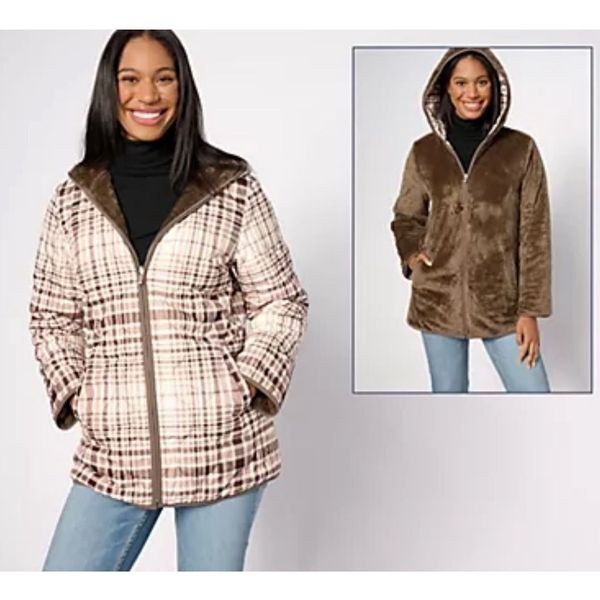 Susan Graver Medium Reversible Quilted Woven Hooded Plush Fleece Jacket Taupe NW