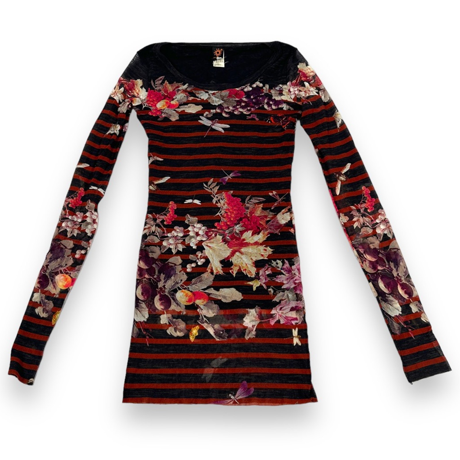 Jean Paul Gaultier Soleil Fuzzi Bodycon Dress Medium Butterfly Red Floral Stripe