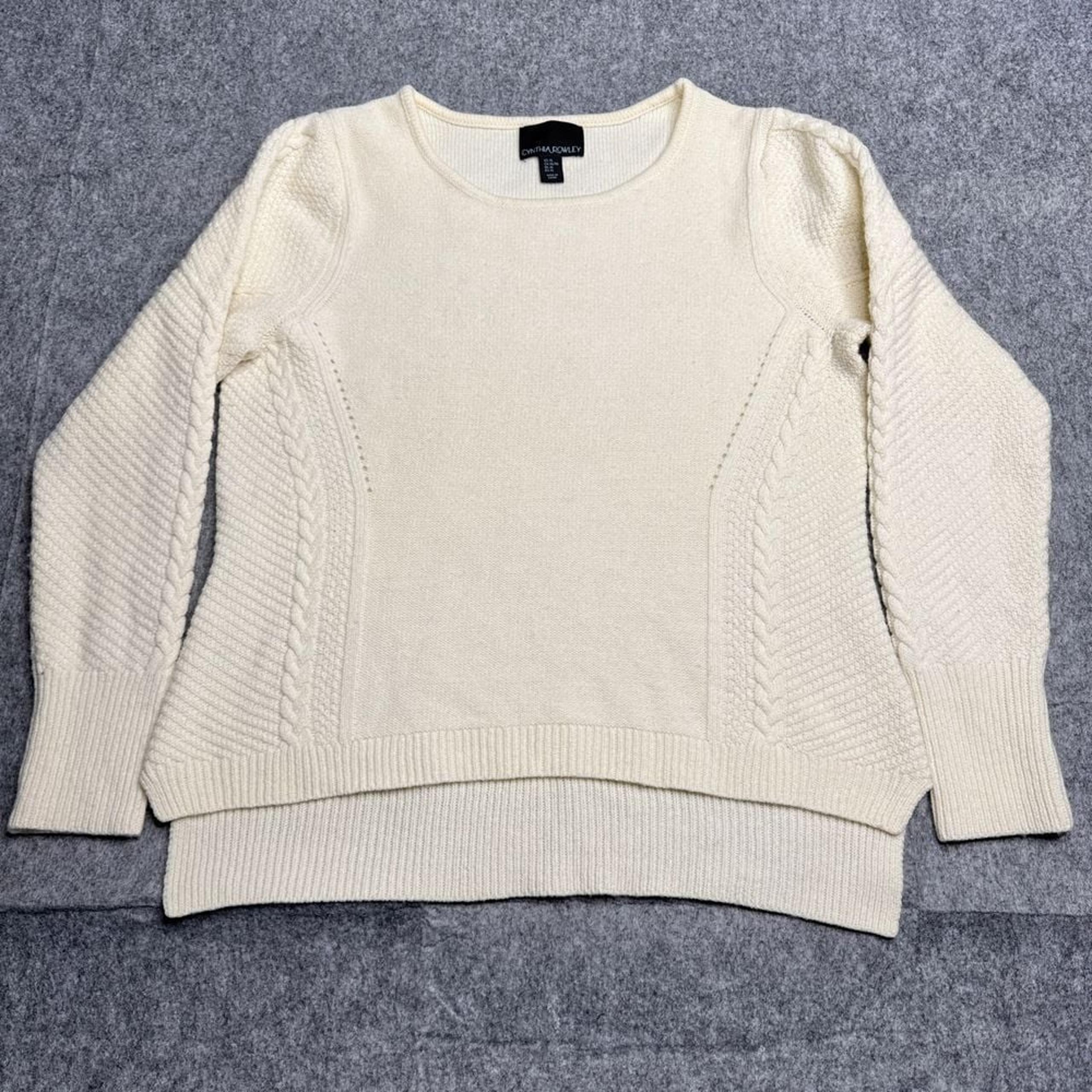 Cynthia Rowley Cream Cable Knit Sweater Wool Blend Textured Pullover XL
