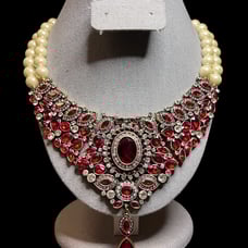 HUGE HEIDI DAUS SWAROVSKI RED CRYSTAL BIB PEARL BEAD NECKLACE 3.5 By 5.5