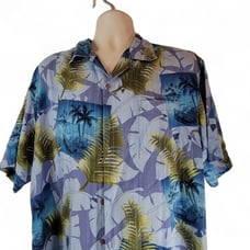 Tommy Bahama Hawaiian Shirt Aloha Palm Leaves print blue