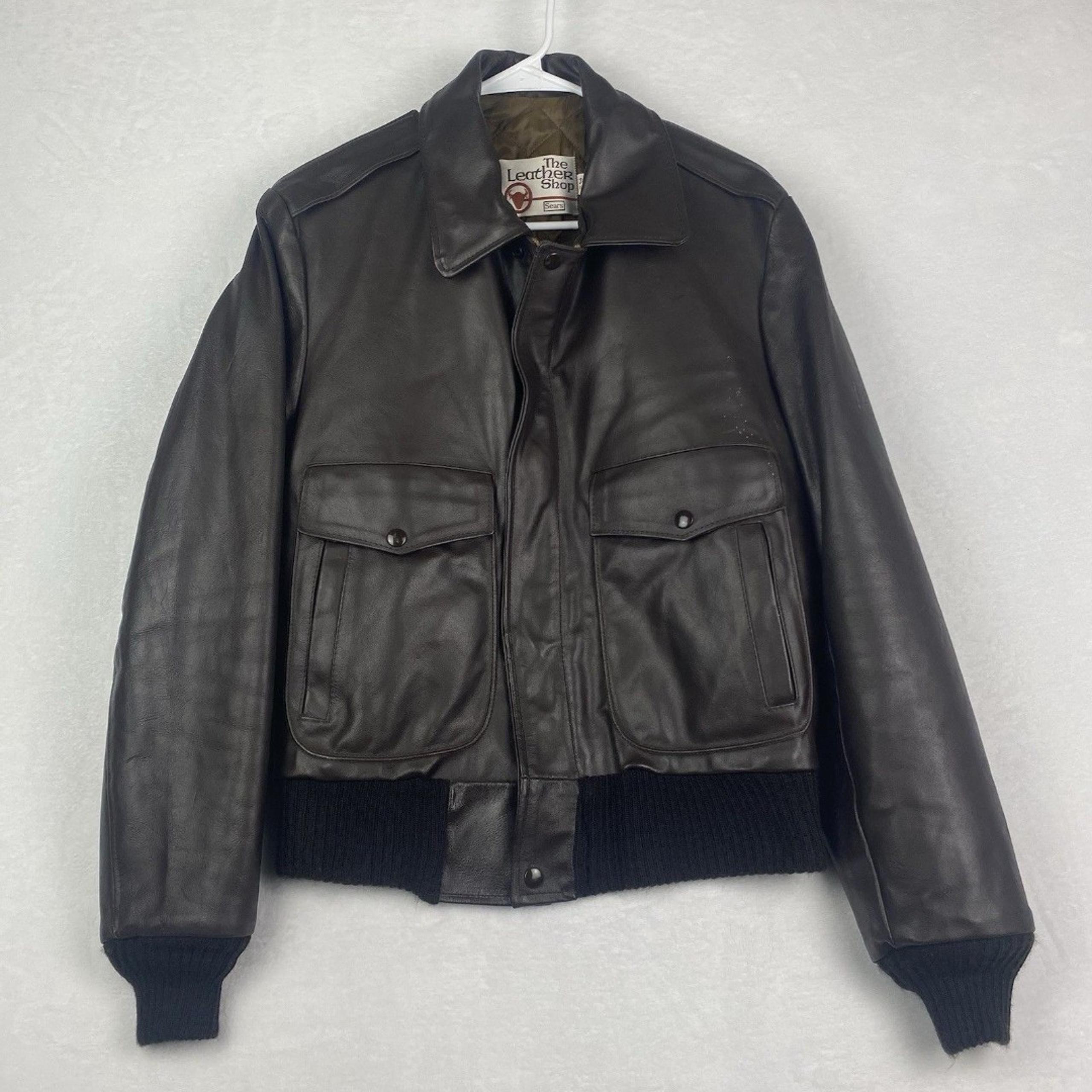 Vintage The Leather shop Sears Bomber flight Jacket Mens Size 36 Brown Leather