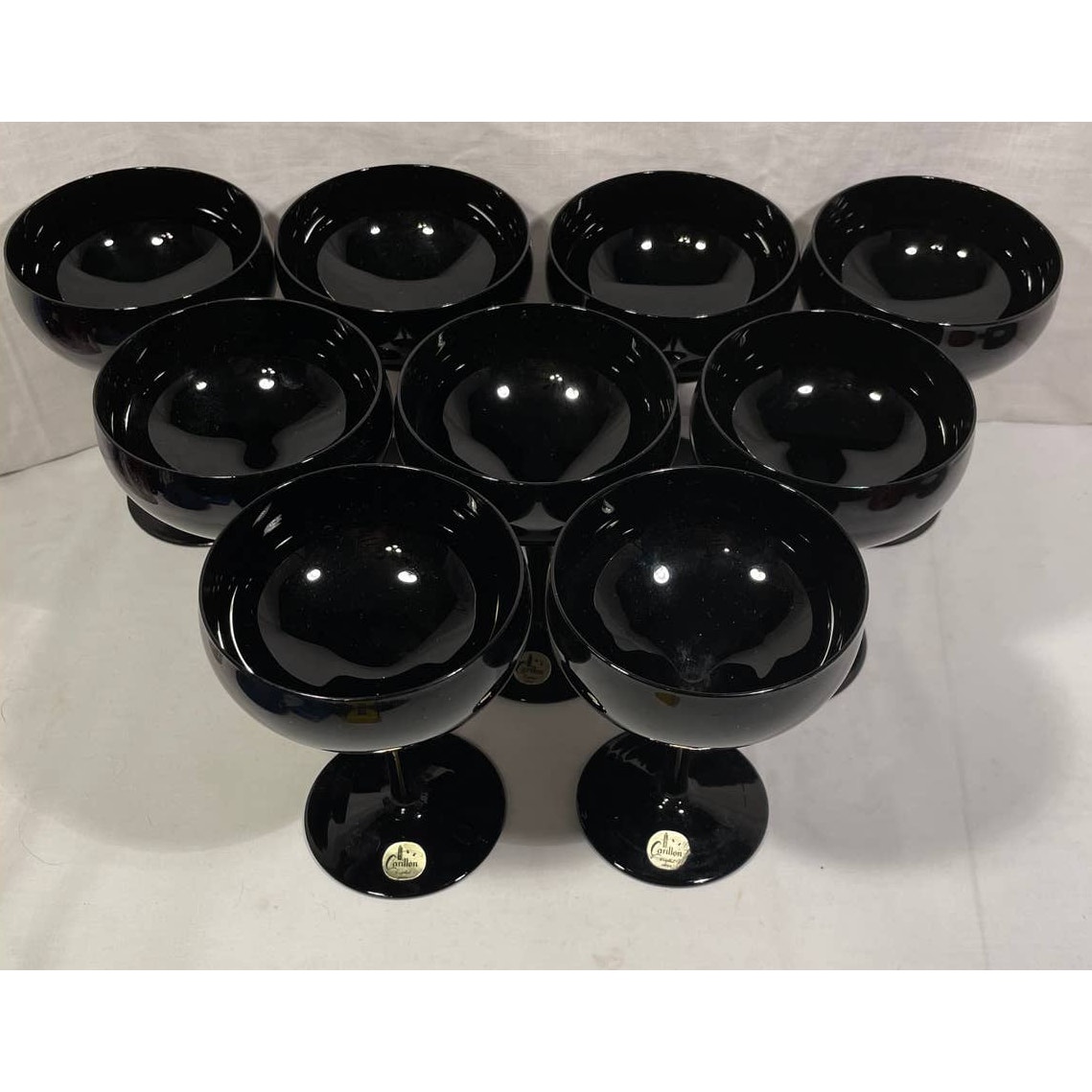 Vintage Unique MCM Set of 9 Black Onyx Carillon Crystal Champagne Glasses Japan
