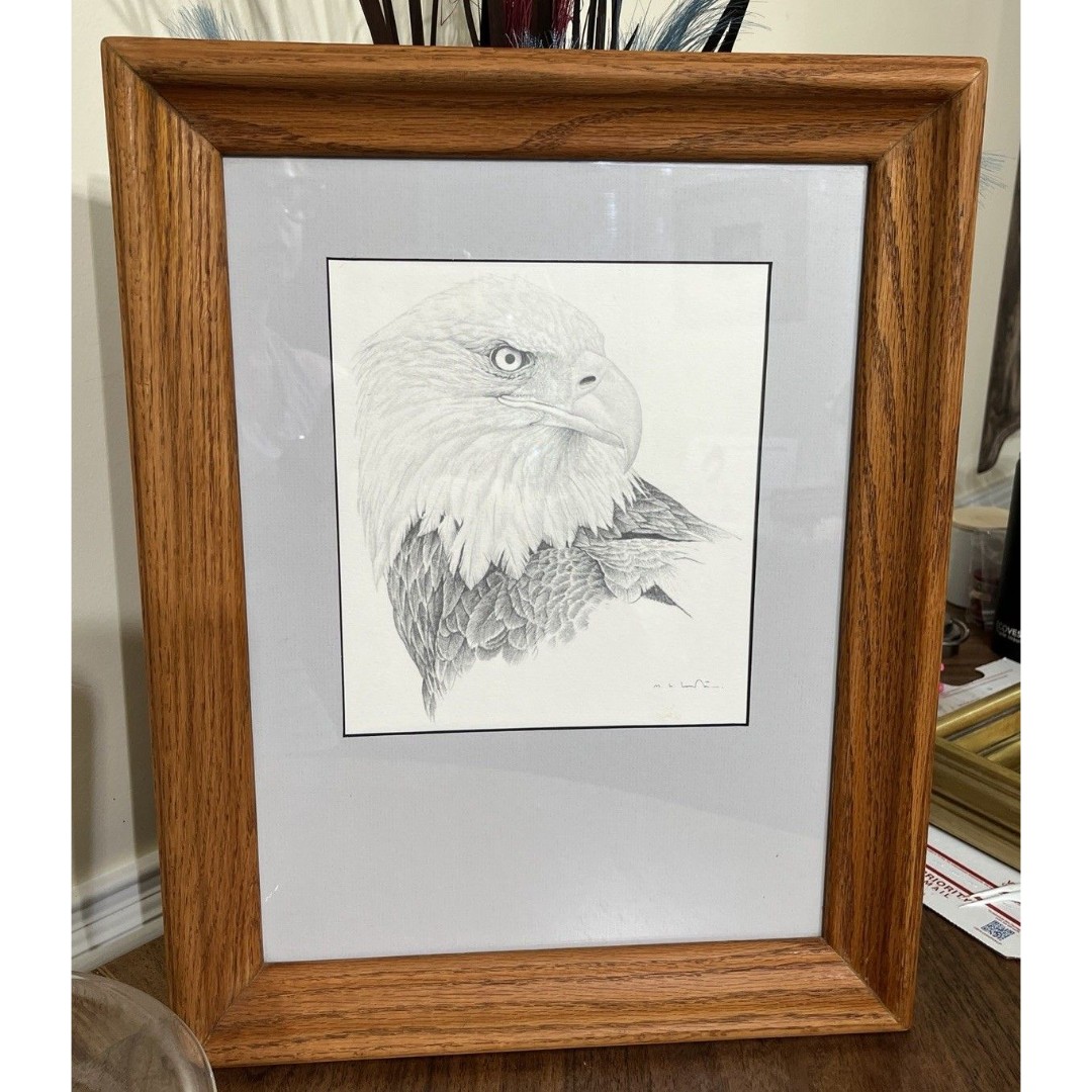 Bald Eagle Pencil Drawing Matted Wood Framed & Signed 18.5x14.25in Frame Size
