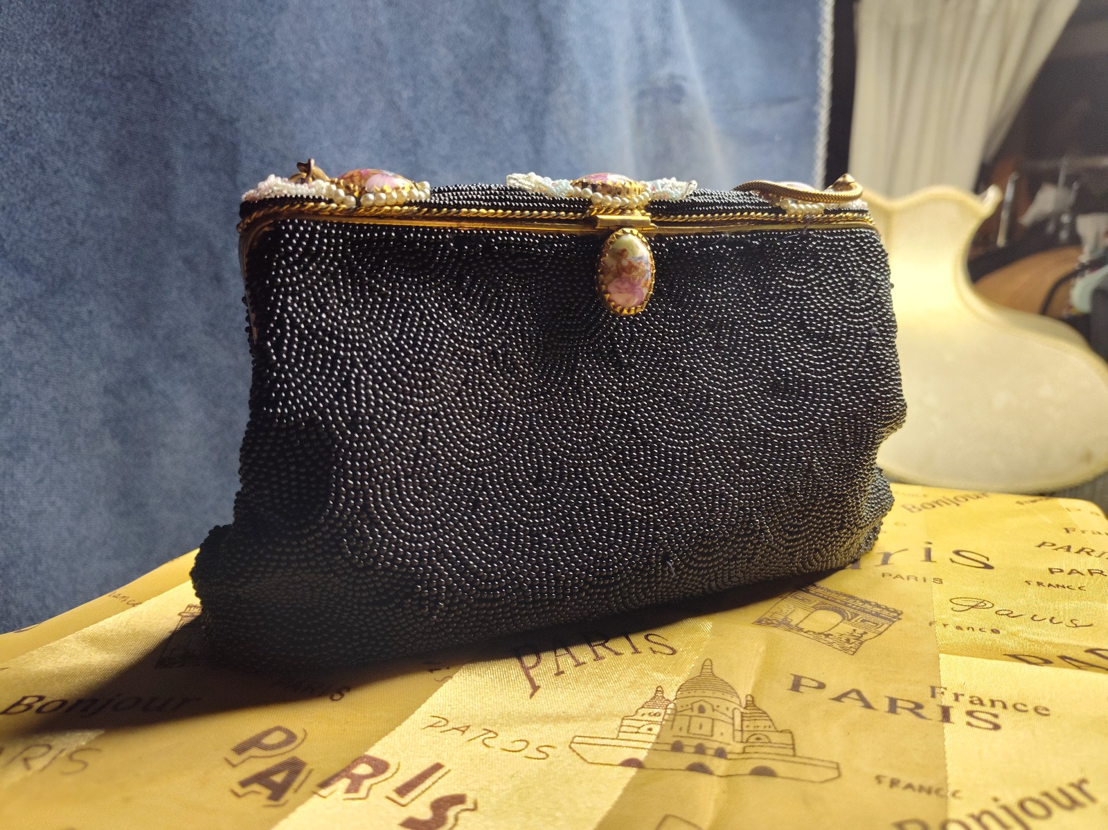 Vintage handbag hand beaded with original mirror and sunglass case