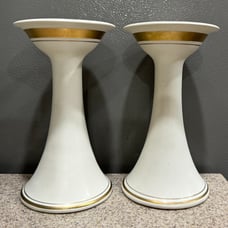 2 Vintage Hyalyn Porcelain Taper Candle Holders 7.25” MCM Gold Line Accent RARE!