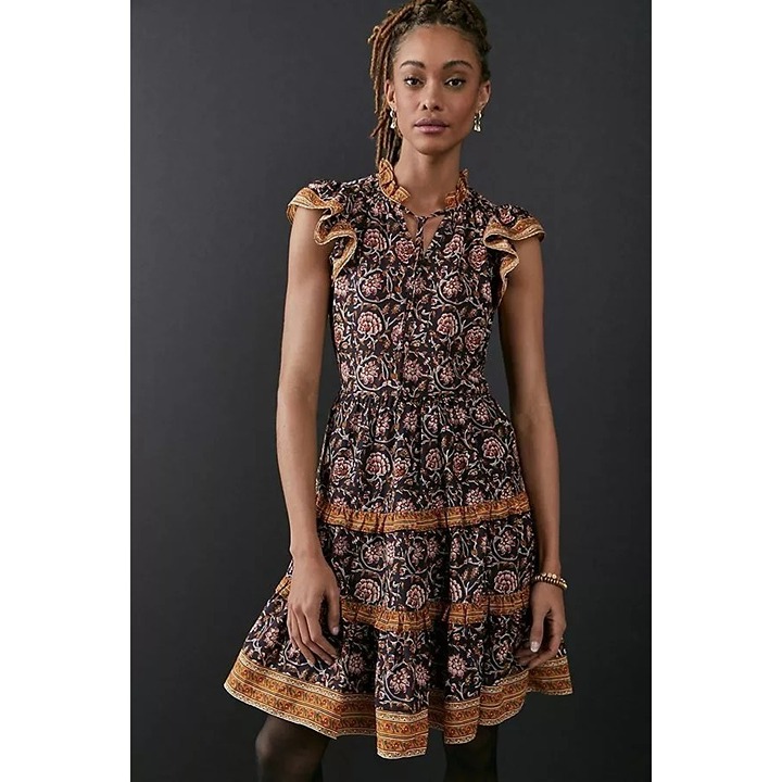 Anthropologie Almeria Ruffled Mini Dress By Othilia Cotton Black/Floral Print