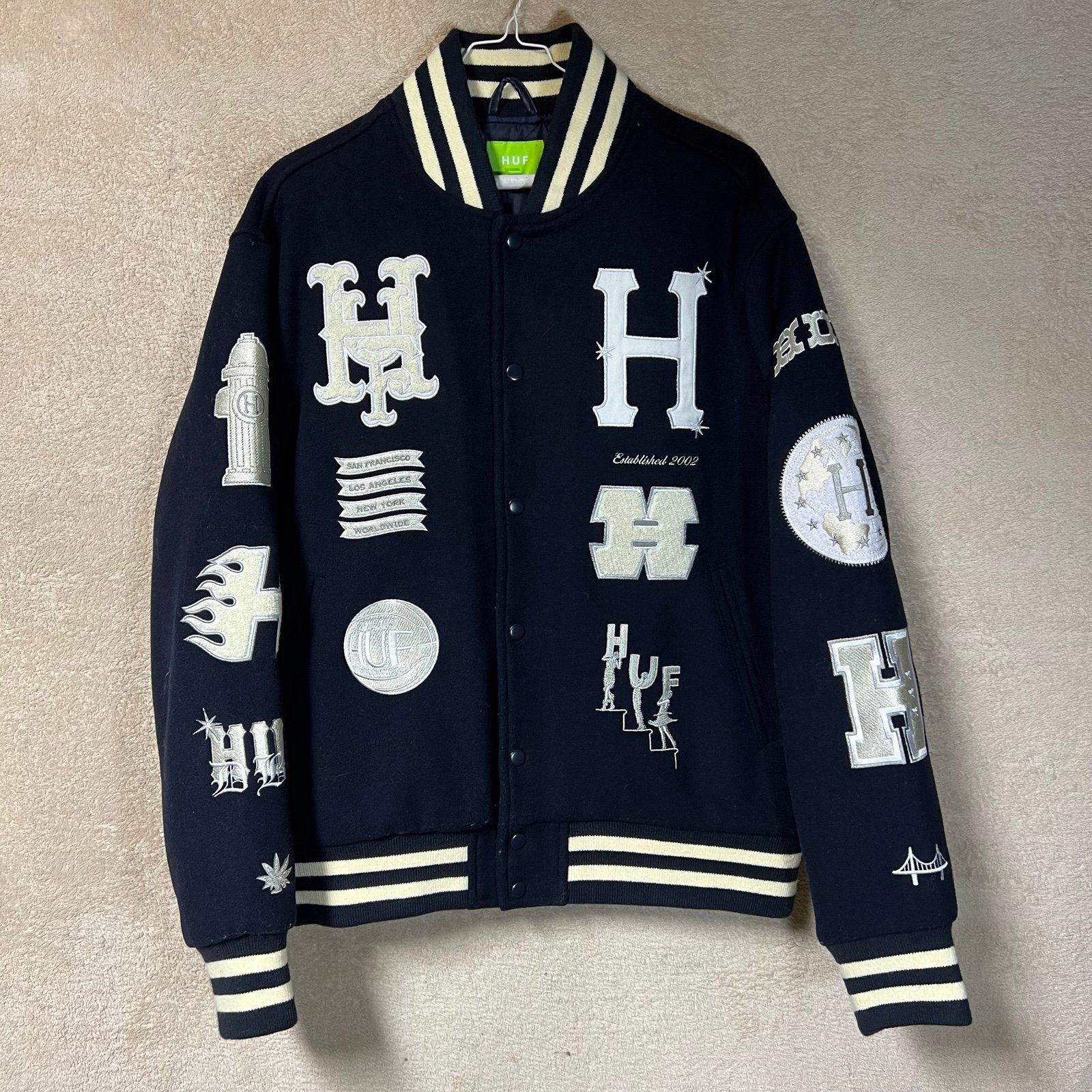 HUF 20 Year Classic H Varsity Bomber Jacket Mens Medium Blue