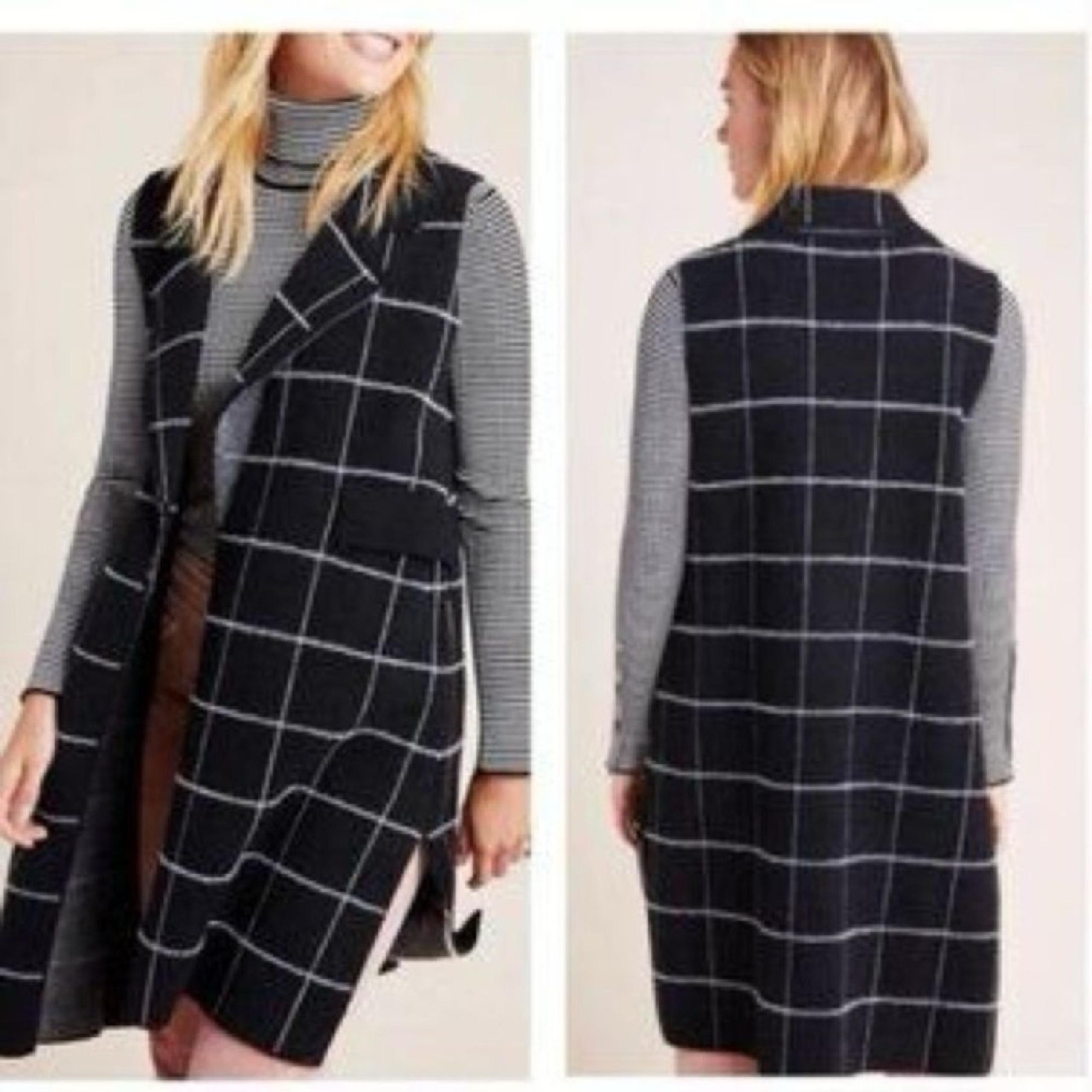 By Anthropologie Quinn Windowpane Plaid Open Front Longline Vest One Size