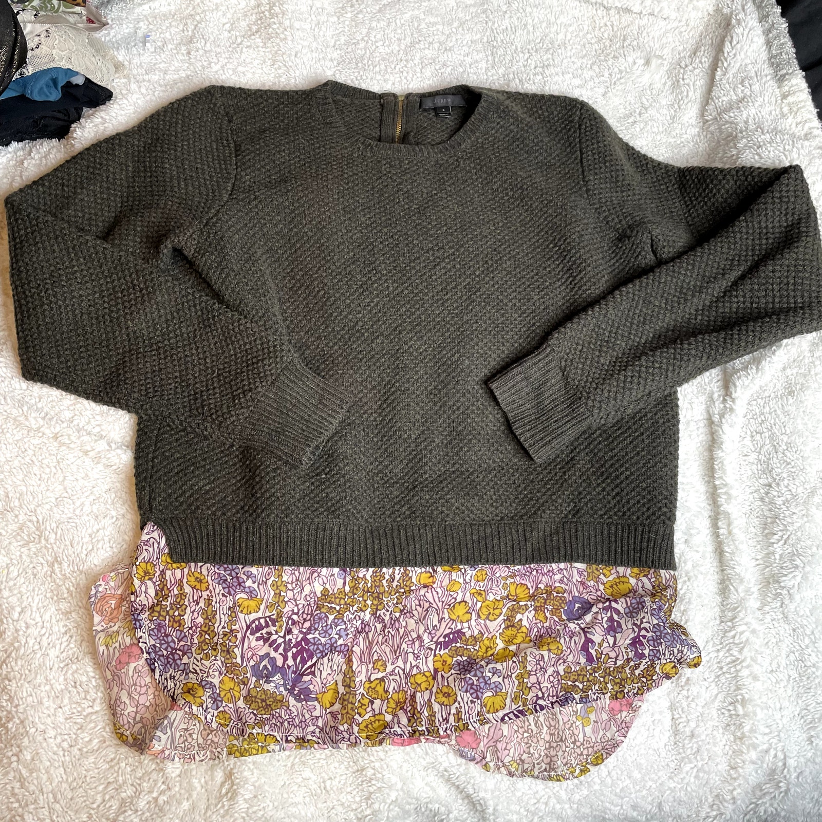 J CREW High Low Shirttail Wool Olive Sweater Floral Silk Textured Small Zip