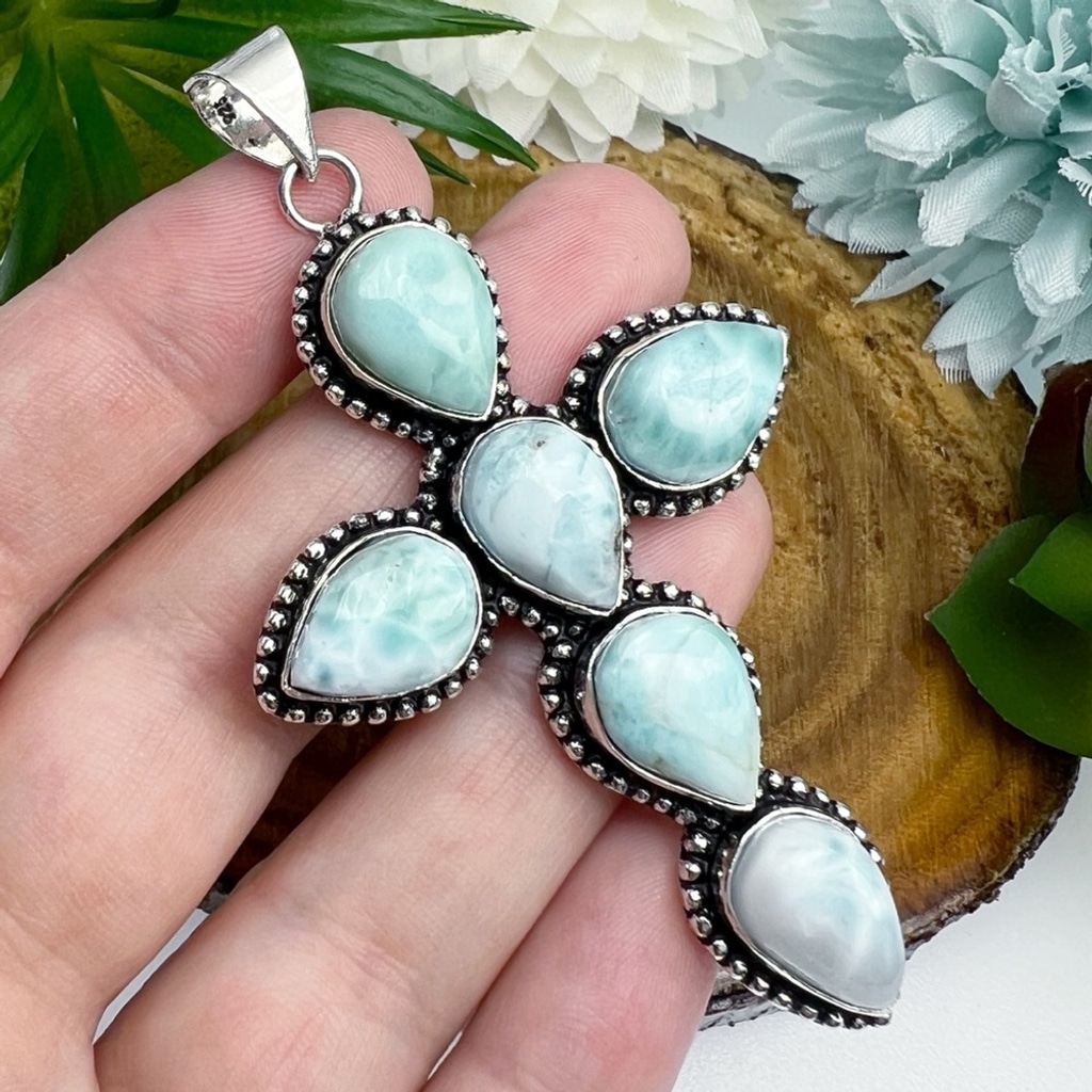 See Below XL Larimar Cross Pendant Southwestern Vintage Handmade Pear Sterling