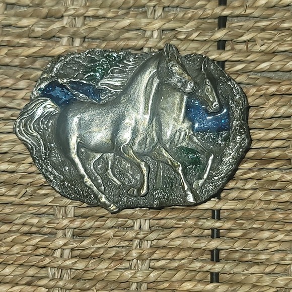 Vintage Bergamot Brass Works Galloping wild Horses Belt Buckle