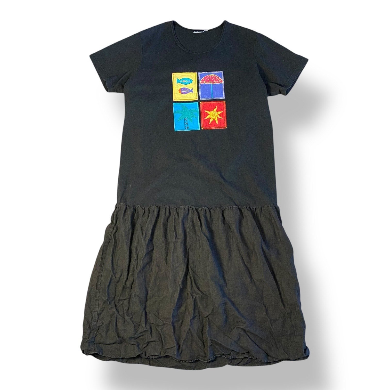 Johnny Was Vintage 90s Black Cotton Linen Fish Beach T-Shirt Dress Size L Boho
