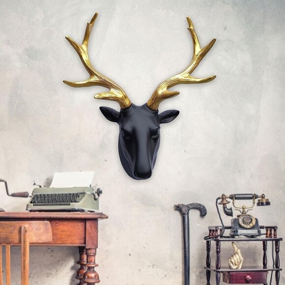Wall sculpture resin deer head gold antler faux decor