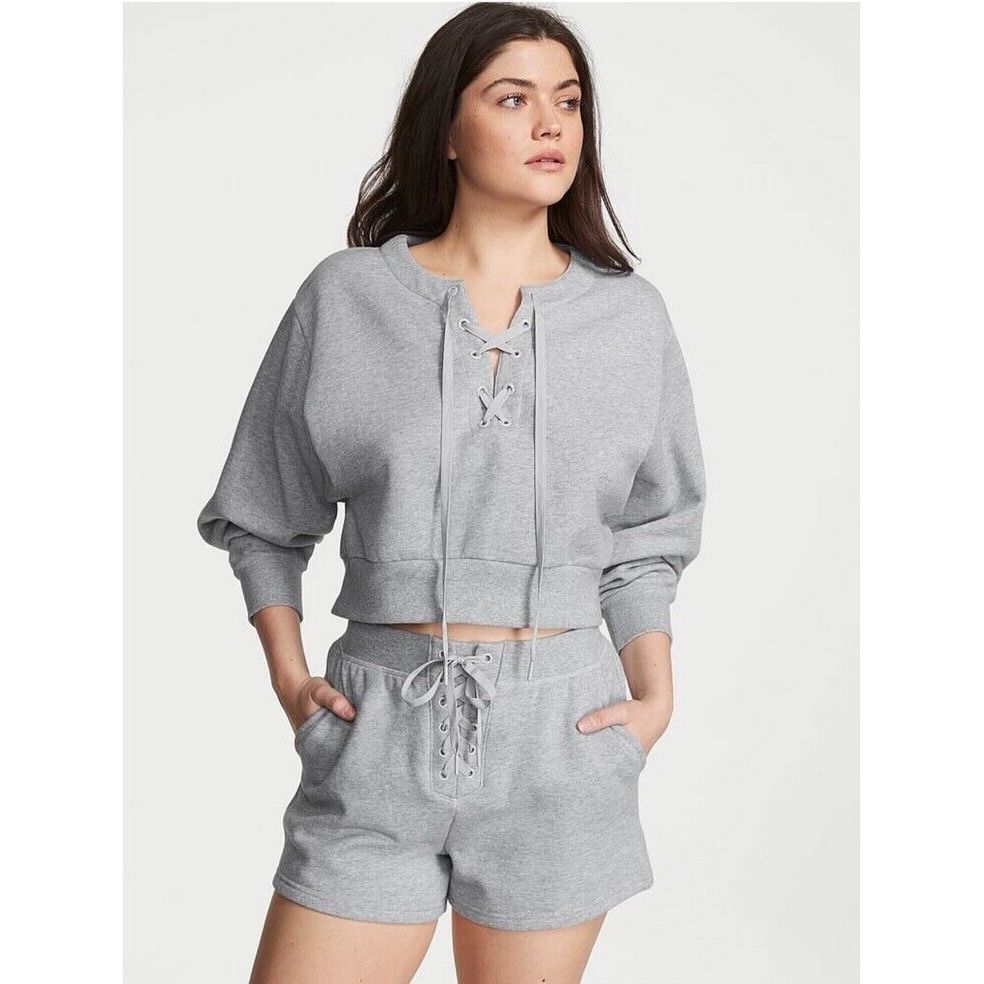 NWT Victoria's Secret SET M HOODIE+S lace-up SHORTS Heather GRAY COTTON FLEECE