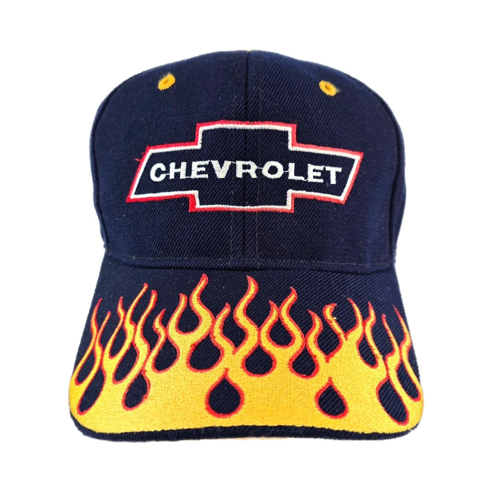 Vintage Chevrolet Chevy Navy Strapback Wool Hat Cap American Fire Flames 90s Y2K