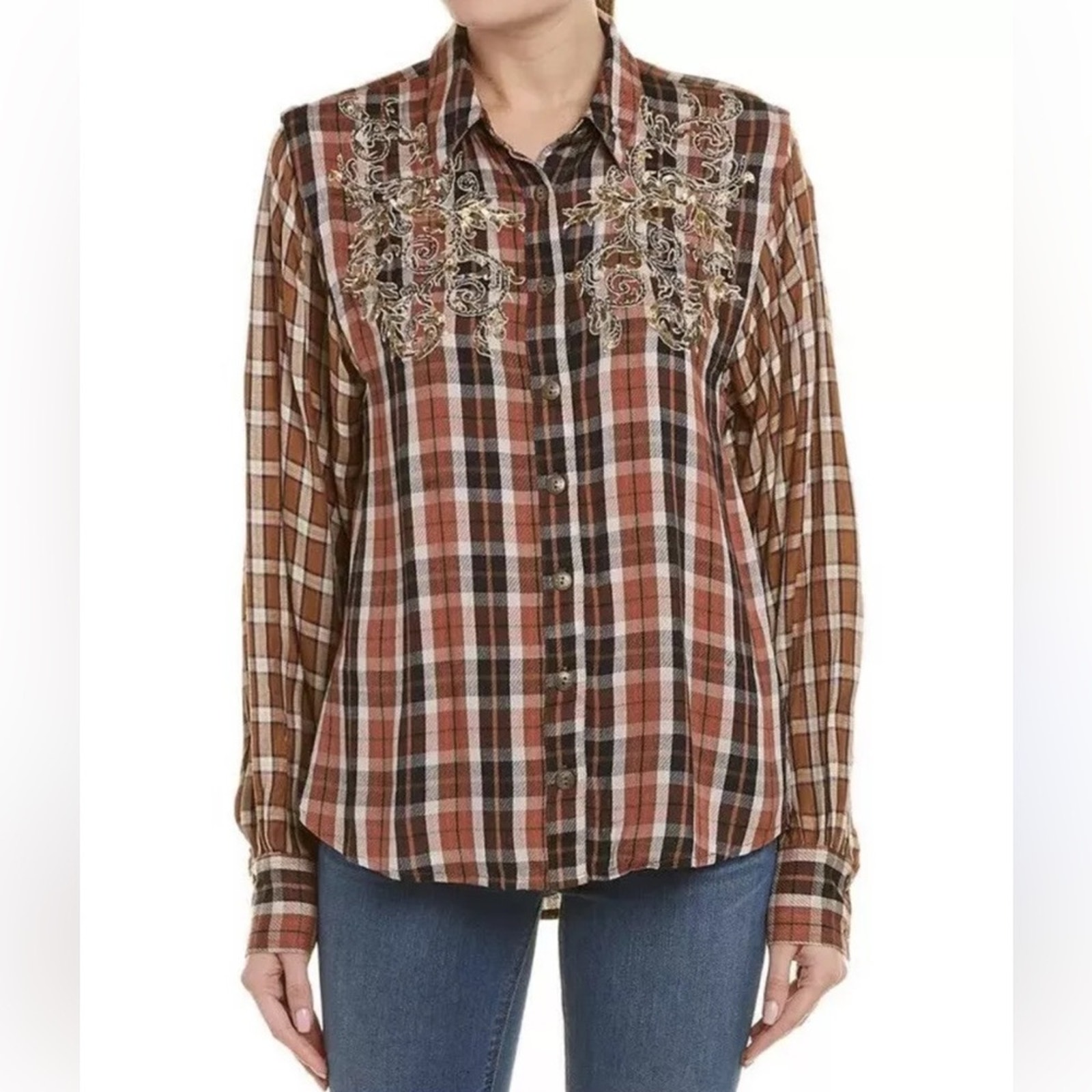 Free People Women's Snow Top Mountains Plaid Long Sleeve Button Front - Small