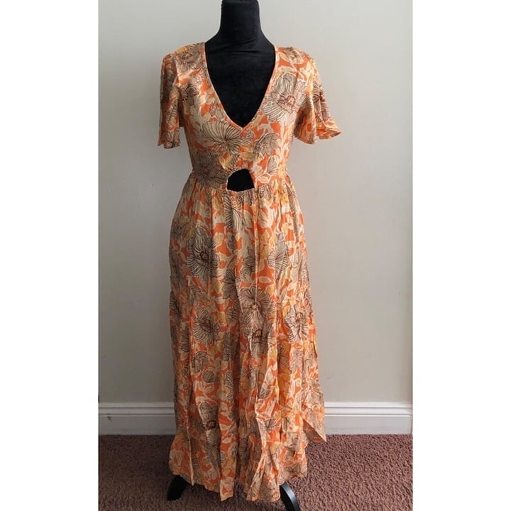 Land Of The Free Floral Print Orange & Beige Maxi Dress With Cutout Size Small