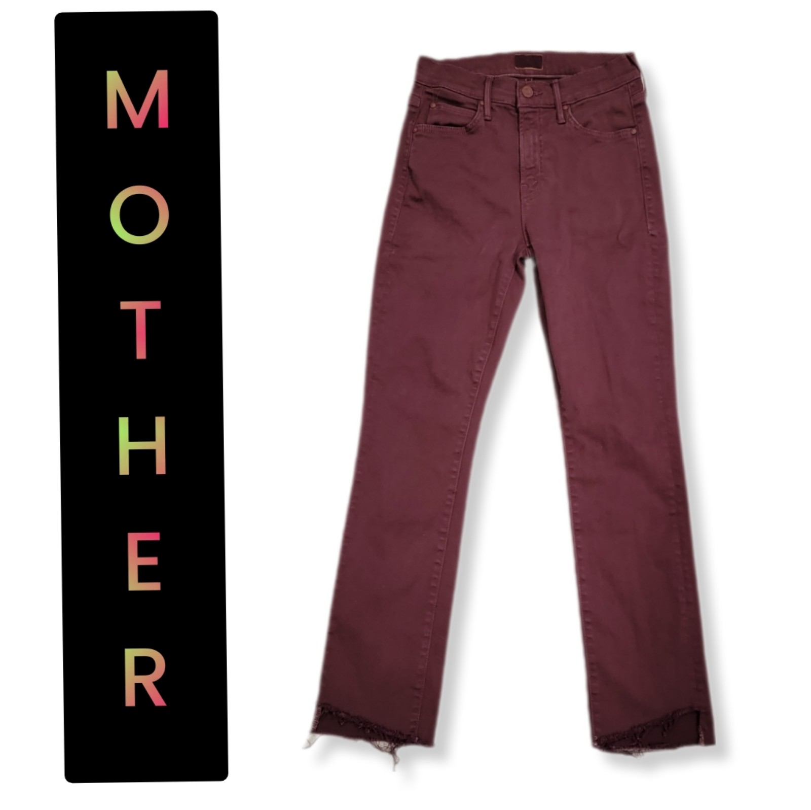 Mother The Stunner Zip Ankle Step Fray Jeans Maroon Straight Leg sz 25 0 XS ECU